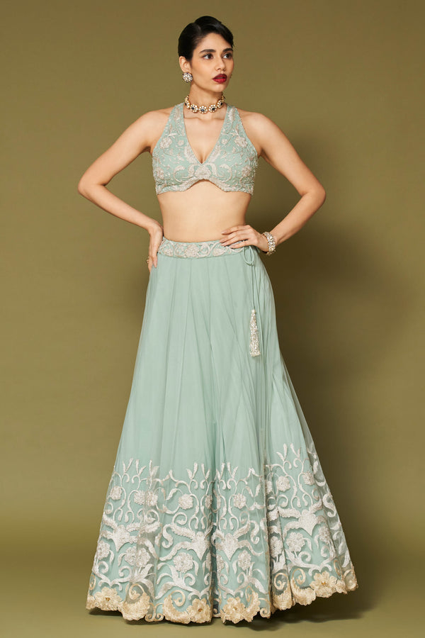 Aqua Embroidered Net Lehenga Set