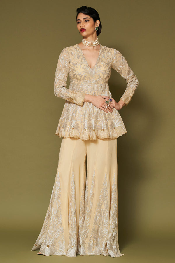 Butter Yellow Embroidered Georgette Sharara Set