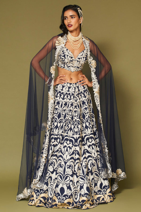Midnight Navy Embroidered Georgette Lehenga Set