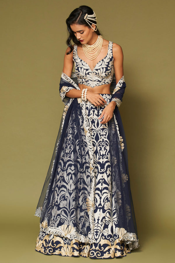 Midnight Navy Embroidered Georgette Lehenga Set
