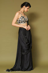 Black Embroidered Pre-Draped Saree Set