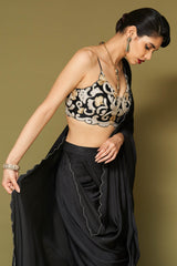 Black Embroidered Pre-Draped Saree Set