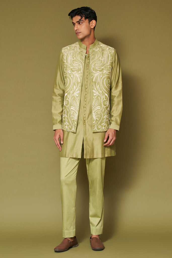 Pistachio Dori Embroidered Bundi Set with Potli Button Kurta