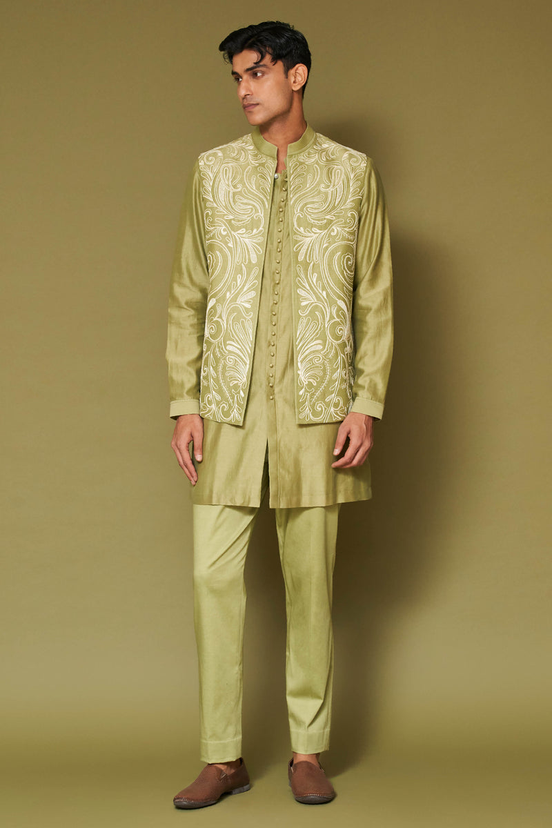 Pistachio Dori Embroidered Bundi Set with Potli Button Kurta