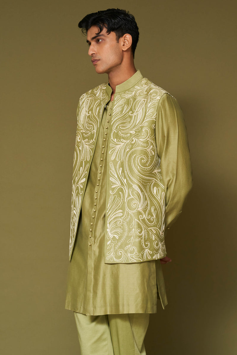Pistachio Dori Embroidered Bundi Set with Potli Button Kurta
