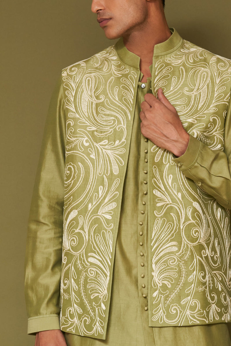 Pistachio Dori Embroidered Bundi Set with Potli Button Kurta