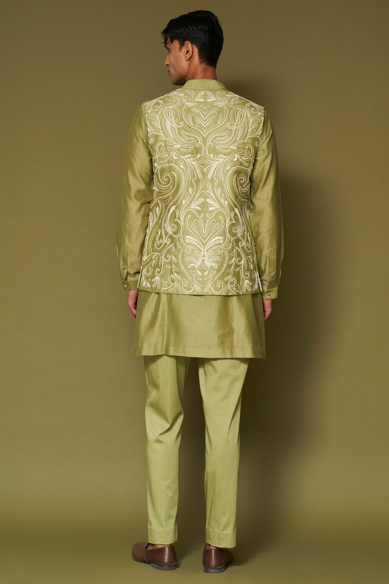 Pistachio Dori Embroidered Bundi Set with Potli Button Kurta