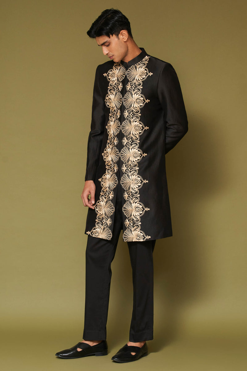 Black and Beige Dori Embroidered Linen Satin Sherwani Set