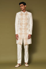 Ivory and Beige Dori Embroidered Linen Satin Sherwani Set