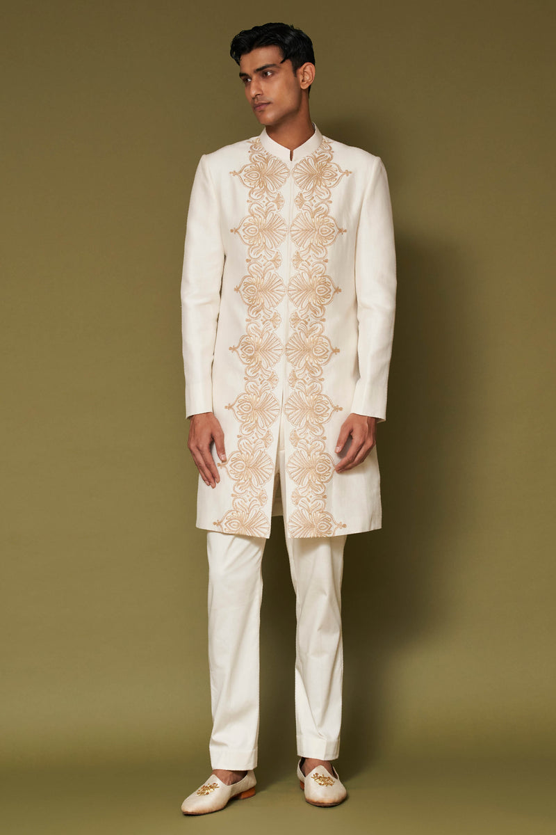 Ivory and Beige Dori Embroidered Linen Satin Sherwani Set
