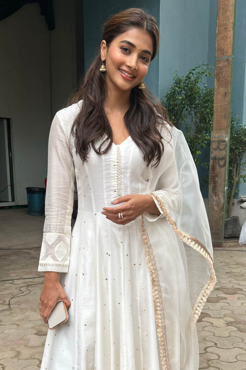 Pooja Hegde in Ivory Zari Detailed Anarkali Set