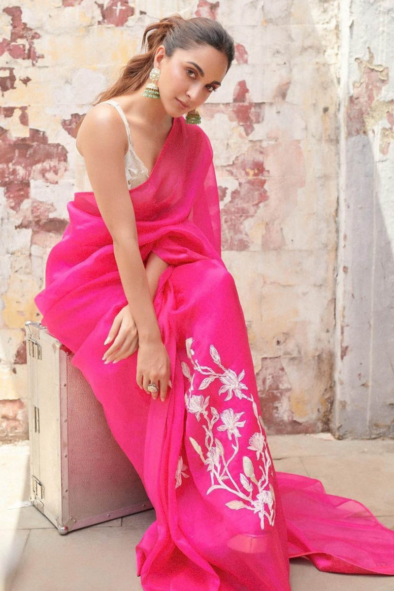 Kiara Advani in Fuchsia Pink Embroidered Silk Organza Saree