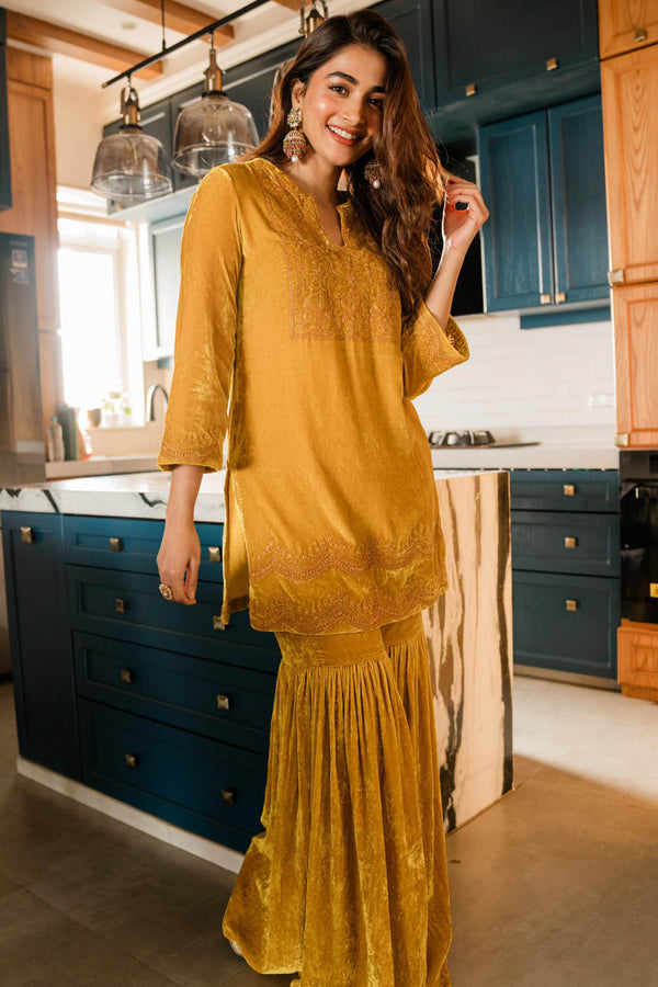Pooja Hegde in Mustard Zari Embroidered Velvet Sharara Set