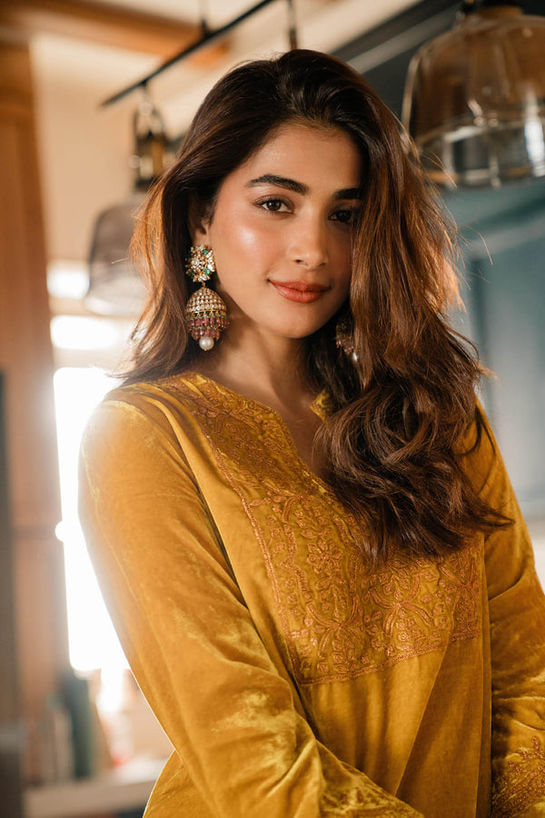 Pooja Hegde in Mustard Zari Embroidered Velvet Sharara Set