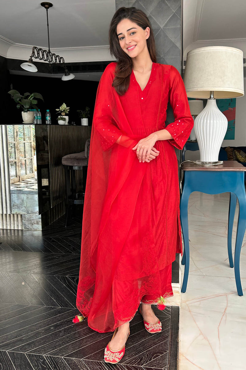 Ananya Panday in Red Silk Chanderi Patra Embellished Kurta Set