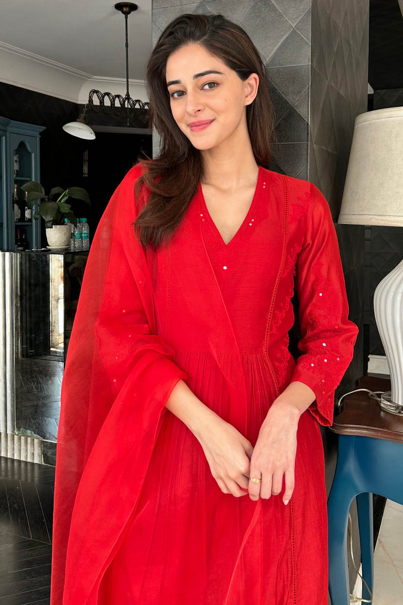 Ananya Panday in Red Silk Chanderi Patra Embellished Kurta Set