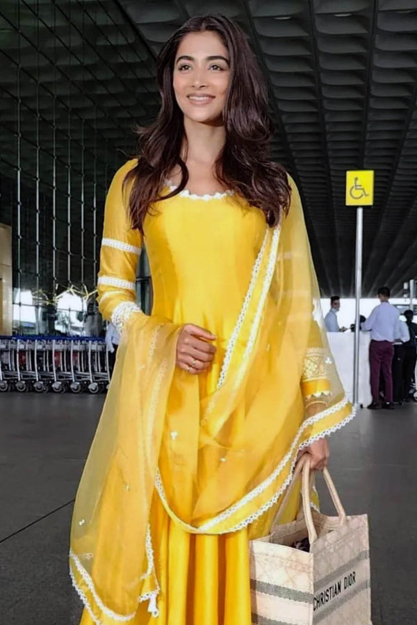 Pooja Hegde in Yellow Chanderi Anarkali Set