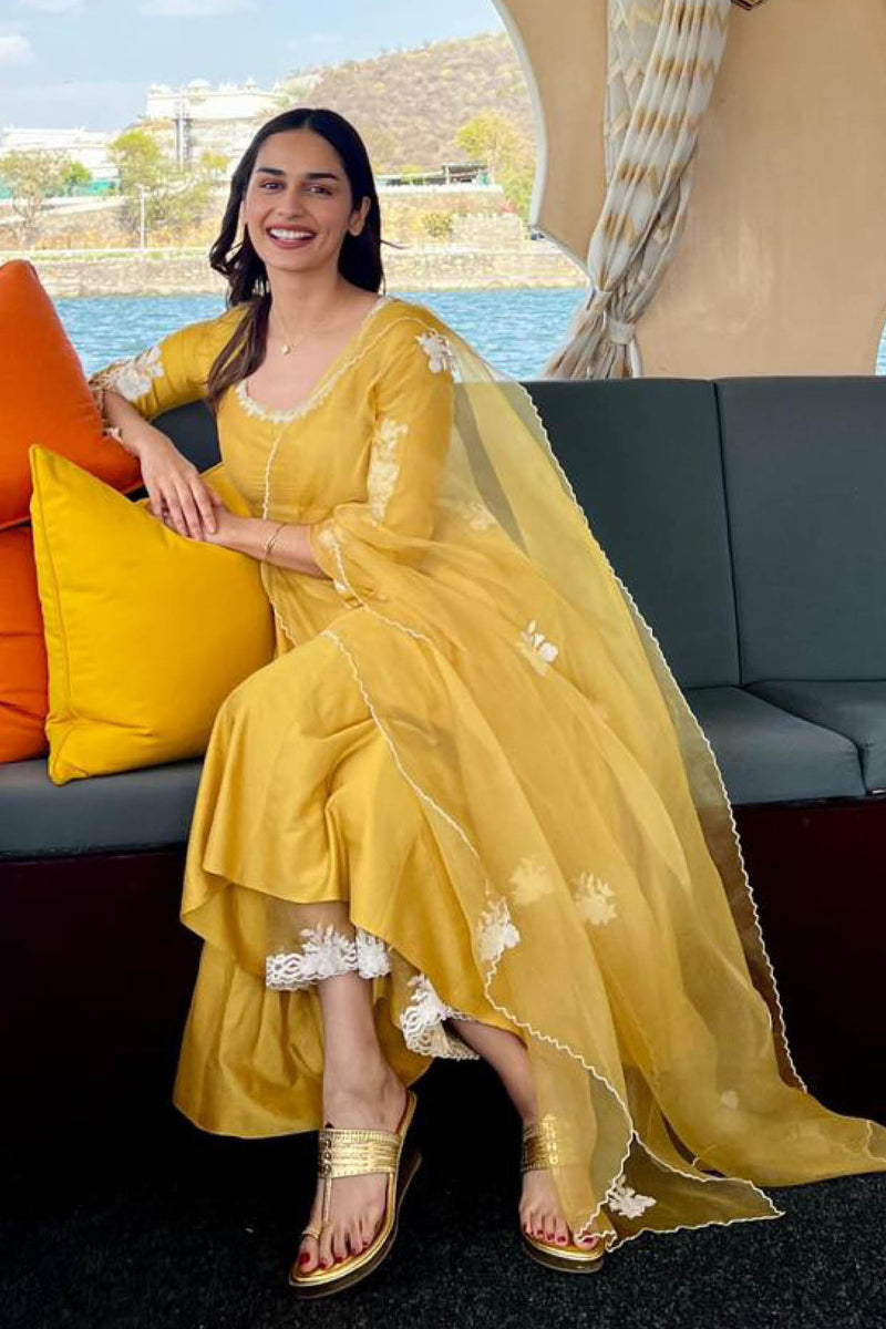 Manushi Chhillar in Mustard Yellow Embroidered Anarkali Set