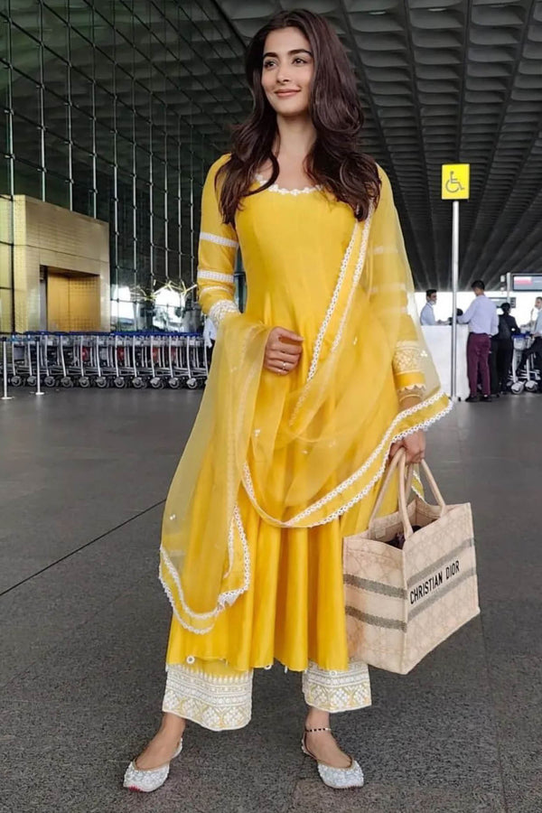 Pooja Hegde in Yellow Chanderi Anarkali Set