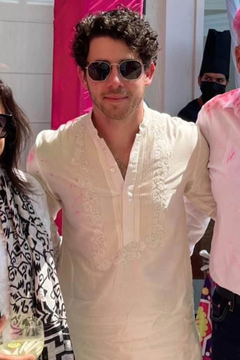 Nick Jonas in Ivory Silk Chanderi Dori Embroidered Kurta Set