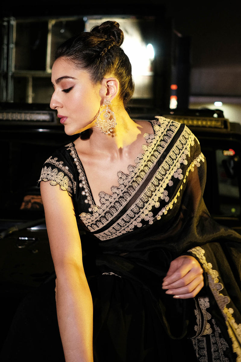 Sara Ali Khan in Black Embroidered Georgette Organza Saree