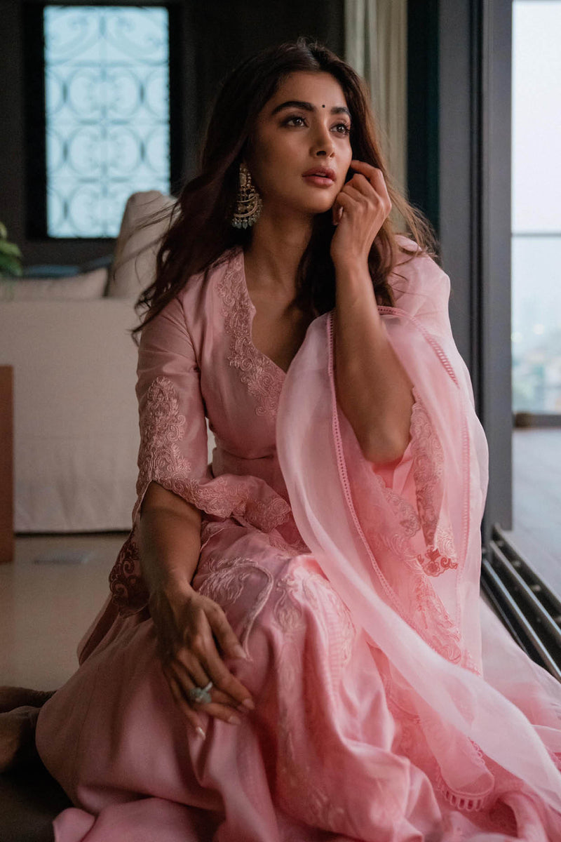 Pooja Hegde in Blush Pink Silk Chanderi Dori Embroidered Anarkali Set