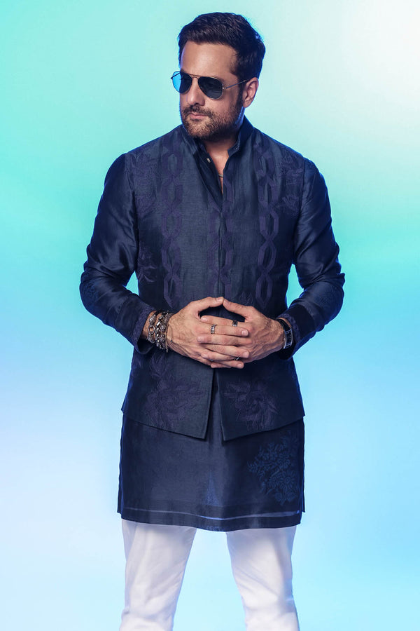 Fardeen F Khan in Royal Blue Silk Chanderi Kurta and Embroidered Bundi Set