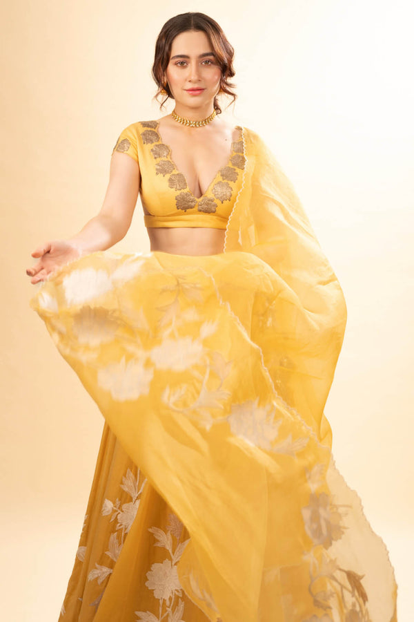 Sanjeeda Shaikh in Mango Yellow Embroidered Cotton Silk Satin Lehenga Set