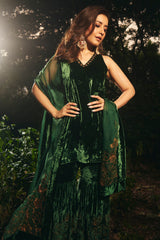 Raashii Khanna in Bottle Green Embroidered Velvet Sharara Set