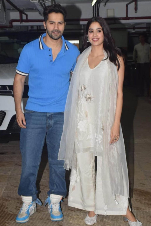 Janhvi Kapoor in Ivory Embroidered Organza Short Kurta Set