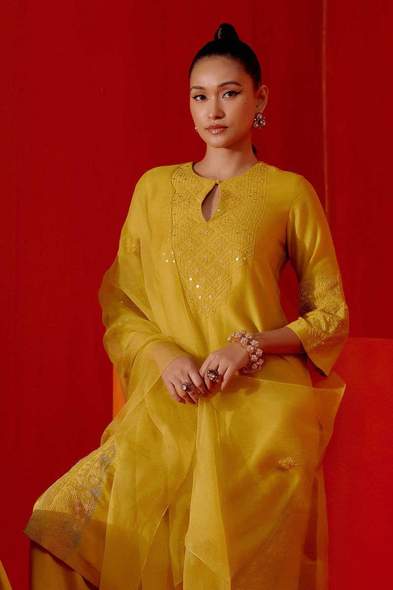 Mustard Embroidered Silk Chanderi Kurta Set