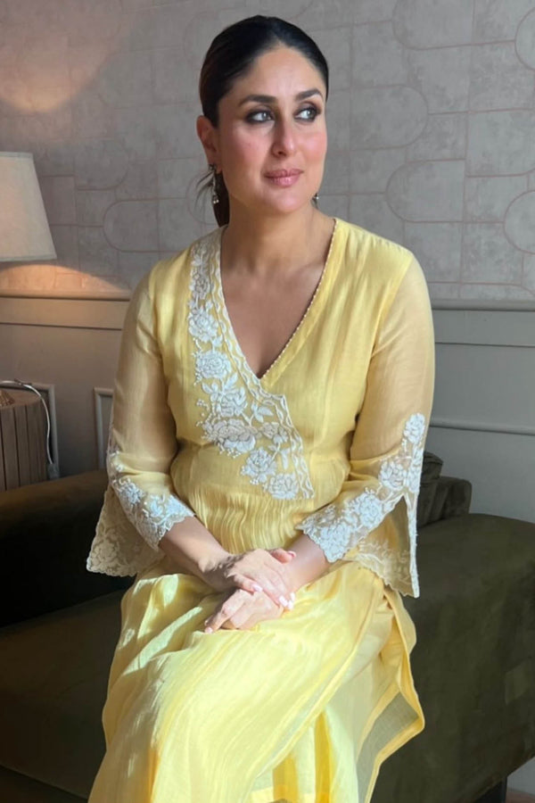 Kareena Kapoor Khan in Mango Yellow Embroidered Chanderi Kurta Set