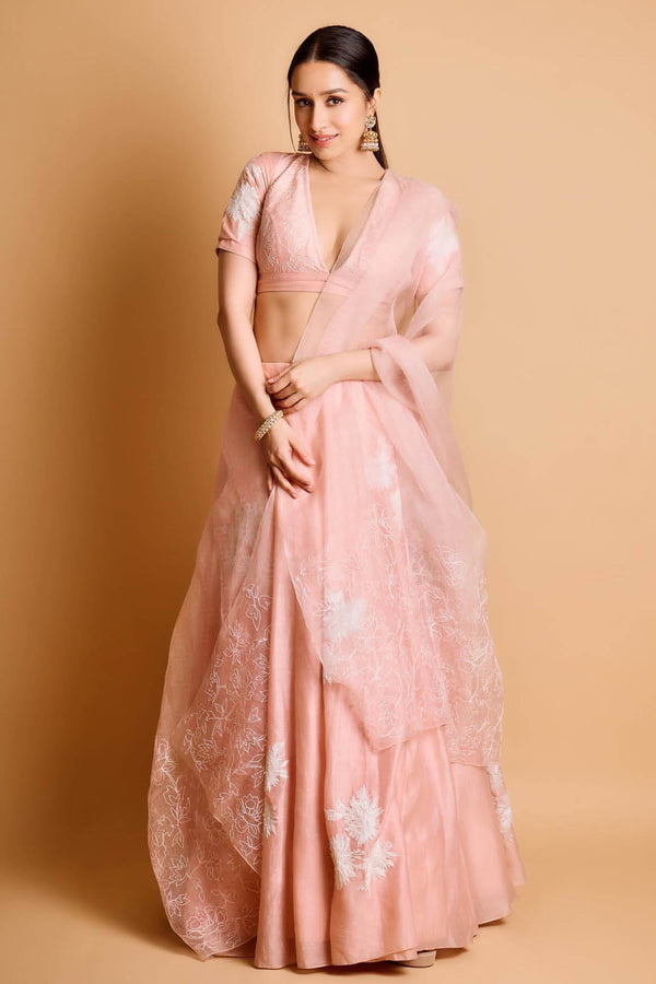 Shraddha Kapoor in Pink Floral Embroidered Chanderi Silk Lehenga Set