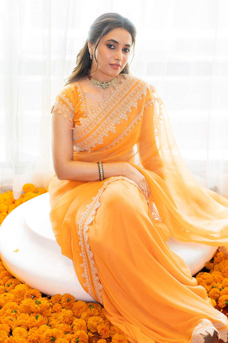 Priyanka Mohan in Orange Embroidered Georgette Organza Saree