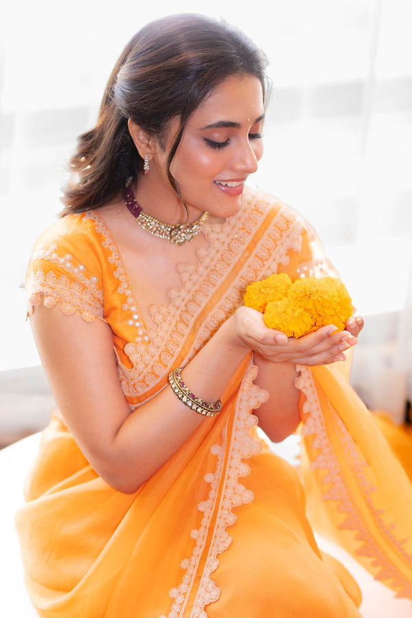 Priyanka Mohan in Orange Embroidered Georgette Organza Saree