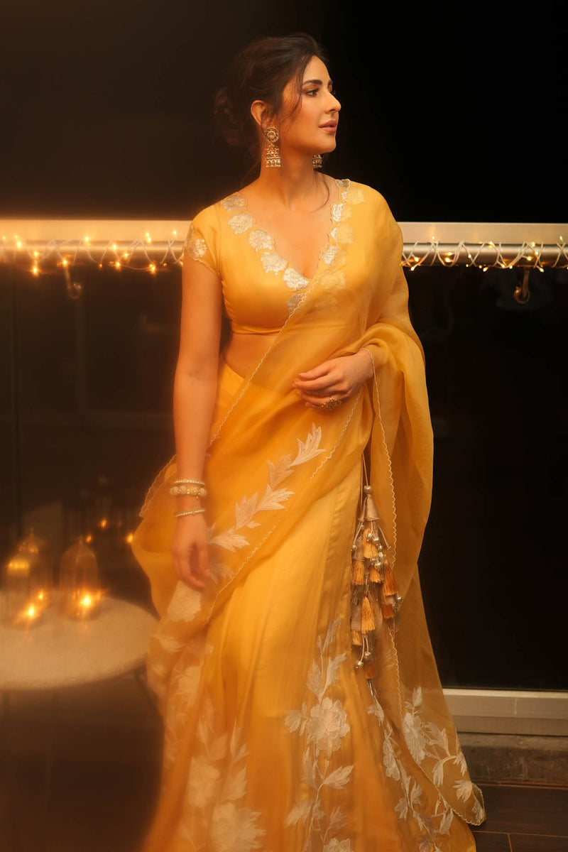 Katrina Kaif in Devnaagri s Mango Yellow Embroidered Cotton Silk Satin Lehenga Set