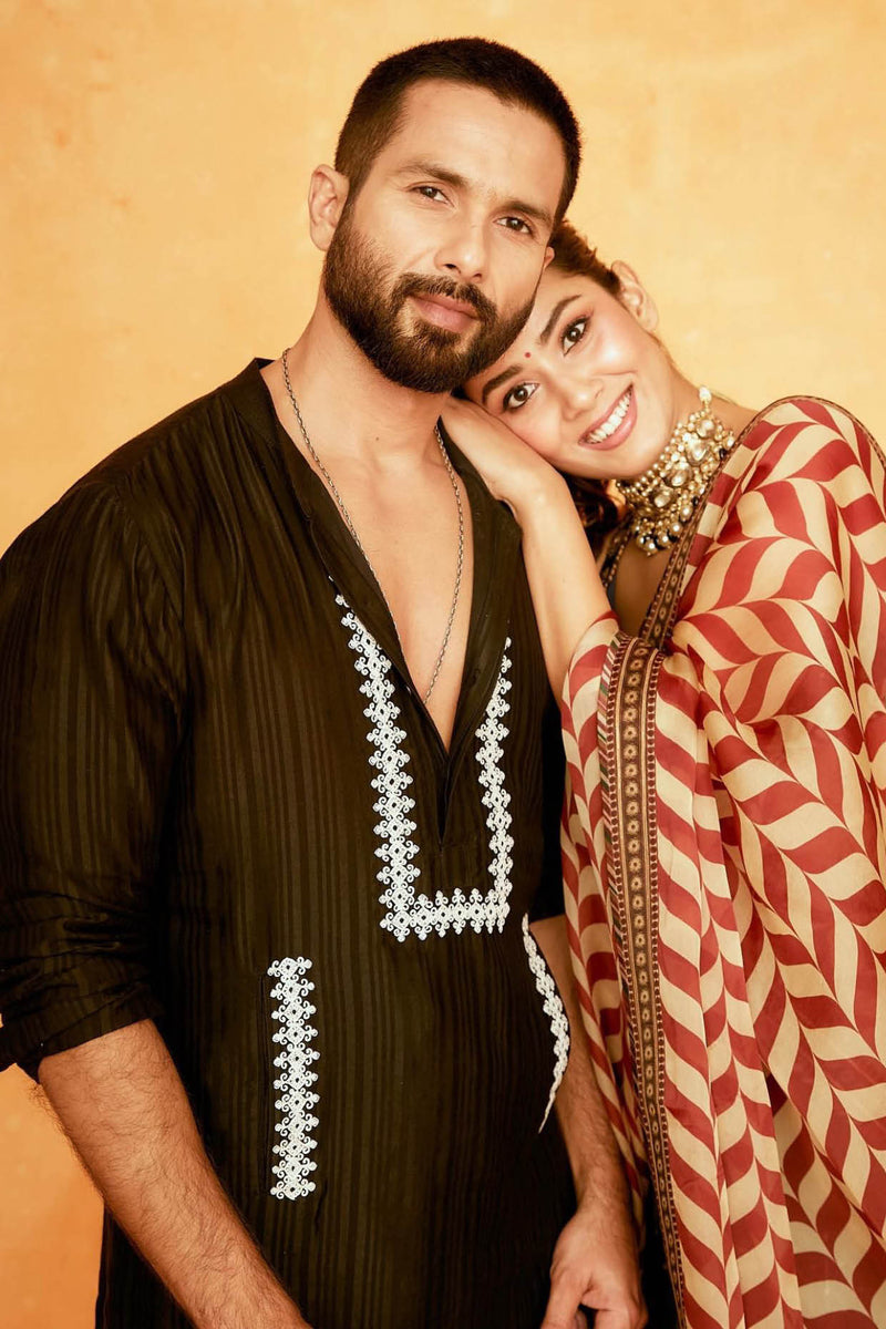 Shahid Kapoor in Black Embroidered Woven Chanderi Kurta Set