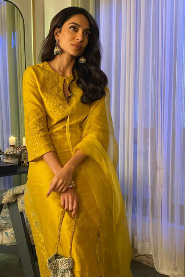 Sobhita Dhulipala in Mustard Embroidered Silk Chanderi Kurta Set