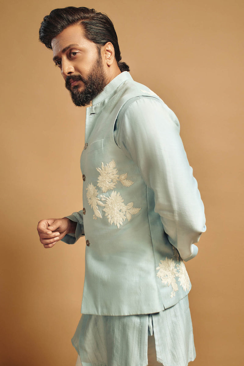 Riteish Deshmukh in Sky Blue Kurta with Embroidered Bundi Set