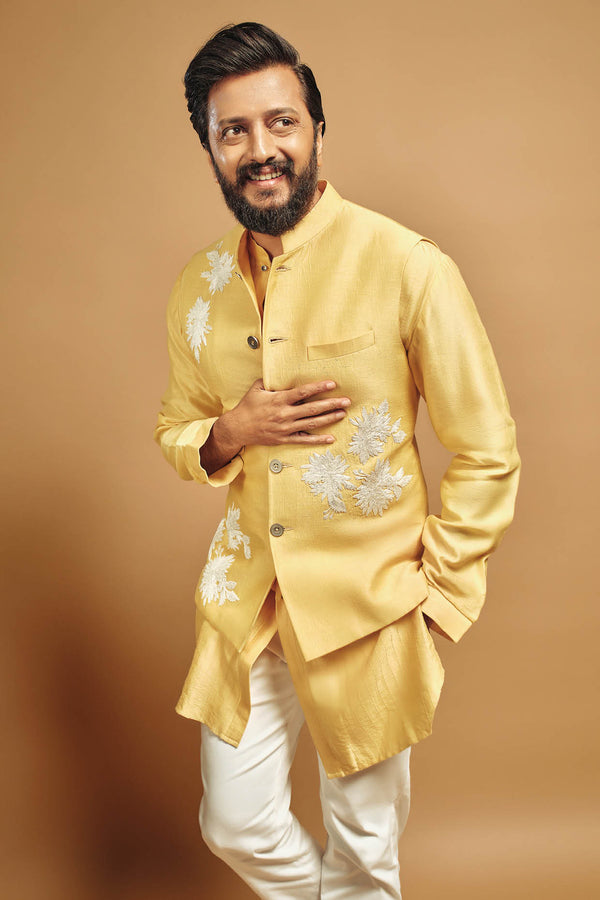 Riteish Deshmukh in Mango Yellow Kurta with Embroidered Bundi Set