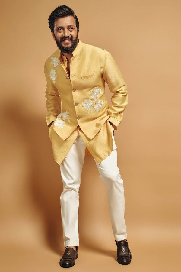 Riteish Deshmukh in Mango Yellow Kurta with Embroidered Bundi Set