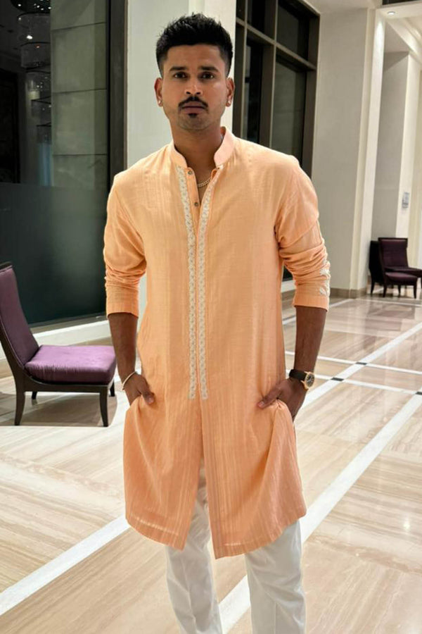 Shreyas Iyer in Blush Pink Embroidered Woven Chanderi Kurta Set