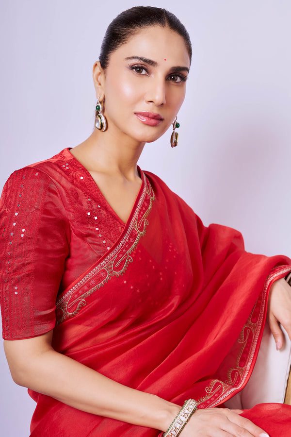 Vaani Kapoor in Red Multi Hued Dori Embroidered Organza Saree