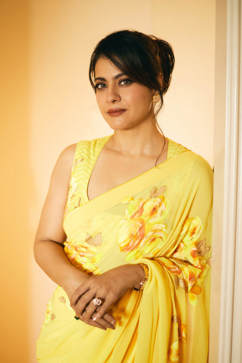 Kajol in Yellow Georgette Hand-Painted Embroidered Saree