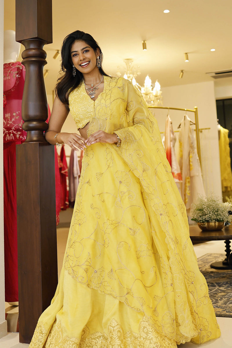 Divya Boppana in Yellow Embroidered Silk Satin Lehenga