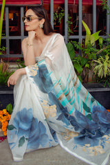 Manushi Chillar in Ivory Silk Organza Hand-Painted Embroidered Saree