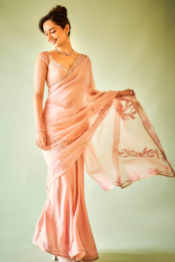 Manushi Chillar in Onion Pink Sequined Organza Saree