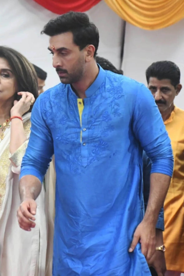 Ranbir Kapoor in Bright Blue Embroidered Silk Chanderi Kurta