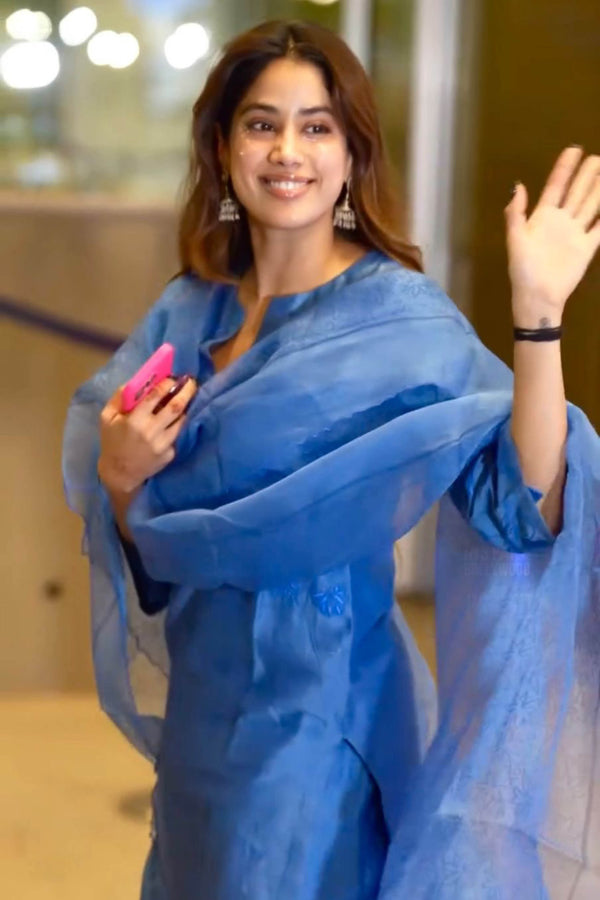 Janvi Kapoor in Bright Blue Chanderi Kurta Set with Resham Work Embroidery