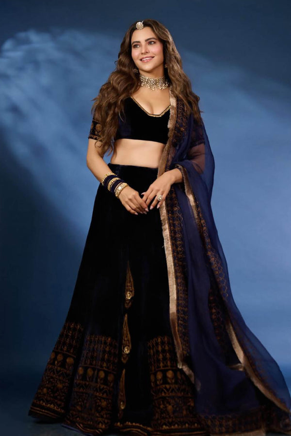 Aamna Sharif in Navy Blue Zari Embroidered Velvet Lehenga Set